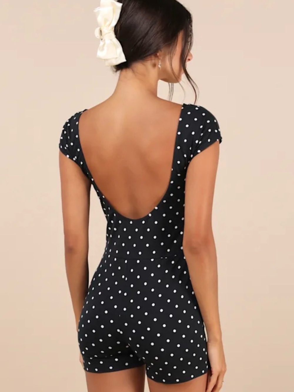 Motel Rocks Black and White Polka Dot Cap-Sleeve Backless Romper - Picture 2 of 3